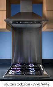 Modern Steel Kitchen Gas Hob And Extractor Hood.