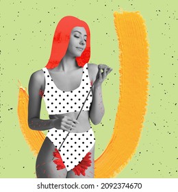 Modern stereotypes. Contemporary art collage. Surreal artwork with slim beautiful girl with hairy legs isolated over abstract background. Concept of depilation, epilation, female problems, acceptance - Shutterstock ID 2092374670