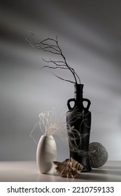 Modern still life with dry branches in a vase and a shell. - Shutterstock ID 2210759133