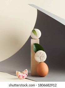 Modern Still Life Of Macaroon Cakes. Poster, Greeting Card With Macaroni. Art Food Photo. Copy Space.