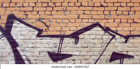 Modern Street Art Horizontal Background Or Texture. Grunge Brick Wall With Graffiti Art. Urban Surface With Grafiti. Old Building Brickwall With Modern Street Grafitty Art Fragment. Abstract Banner