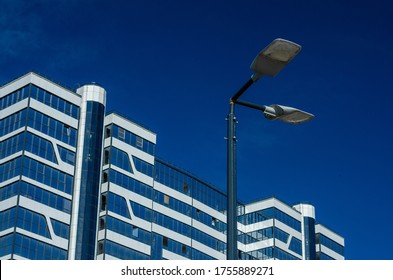 A Modern Street LED Lighting Pole. Urban Electro-energy Technologies. Savings On Street Urban Road Lighting. Energy Saving. High Tech. Eco-friendly Smart City System.