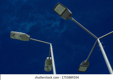 A Modern Street LED Lighting Pole. Urban Electro-energy Technologies. Savings On Street Urban Road Lighting. Energy Saving. High Tech. Eco-friendly Smart City System.