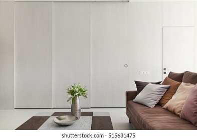 Modern studio apartment with transformable zoning. Minimalistic interior