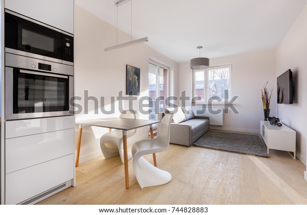 Modern\
studio flat with table, chairs, couch and\
tv
