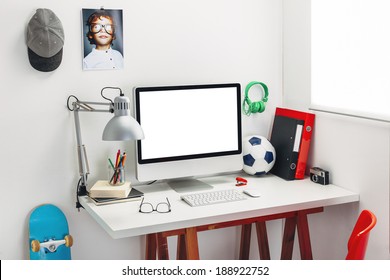 Modern Study Room For A Boy./ Desk In A Child's Bedroom.