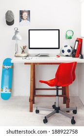 Modern Study Room For A Boy./ Desk In A Child's Bedroom.