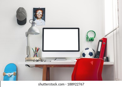 Modern Study Room For A Boy./ Desk In A Child's Bedroom.