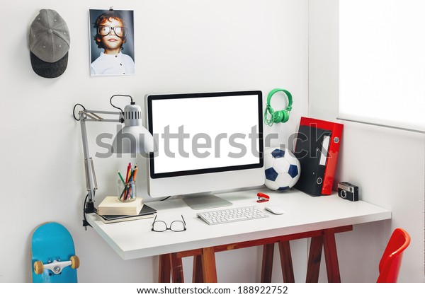 Modern Study Room Boy Desk Childs Technology Education Stock Image