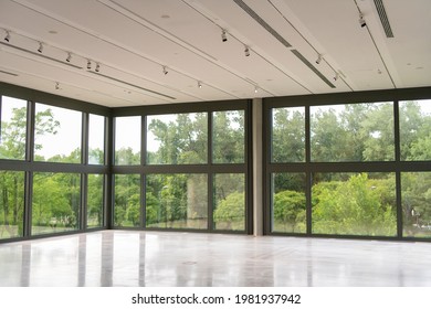 Modern Style Bright Empty Open Space Interior. Spacious Bright Room With Lots Of Greenery Behind The Large Glass Windows. Public Premises For Office, Gallery, Exhibition.