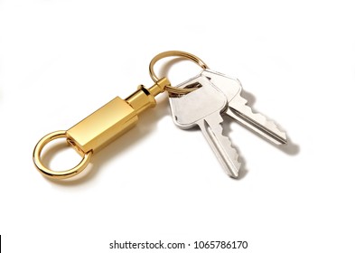 A modern styled detachable gold keyring with two keys attached. - Powered by Shutterstock