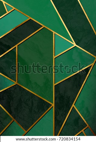 Modern and stylish abstract design poster with golden lines and green geometric pattern.