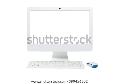 Modern and stylish all in one computer looking like imac. Isolated on white with blank screen and keyboard and mouse