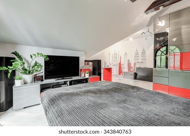 Modern Stylish Bedroom In Red And Gray With Big TV