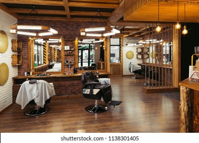 Modern Stylish Empty Barber Shop Interior With Mirrors