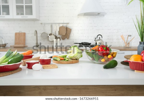 Modern Stylish Kitchen Interior Vegetables Fruits Stock Photo ...