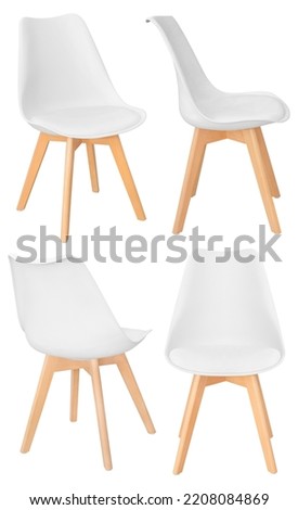Modern stylish plastic chair with wooden legs in different angles of white color. Isolated on a white background. Interior element