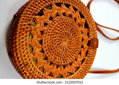 Modern Stylish Round Straw Bag Isolated On The White Background, Top View