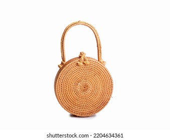 Modern Stylish Round Straw Bag Isolated On The White Background.