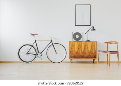 Modern And Stylish Vintage Apartment For Hipster Student With Bike And Wooden Retro Furniture