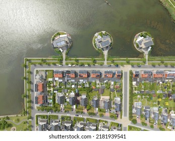 Modern Suburb Residential Sustainable Housing Village In Heerhugowaard, The Netherlands. Urban Real Estate Household Neighbourhood Overhead Aerial Panorama Drone View