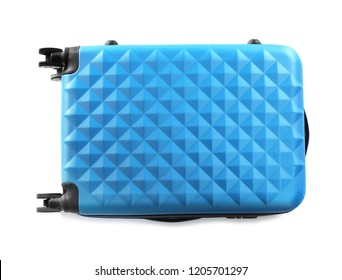 Modern Suitcase For Travelling On White Background, Top View