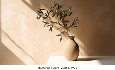 Modern summer minimal of olive tree branch in sunlight with long shadows on beige wall background, copy space interior lifestyle Mediterranean scene - Shutterstock ID 2286475971