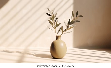 Modern summer minimal of olive tree branch in sunlight with long shadows on beige wall background, copy space interior lifestyle Mediterranean scene - Shutterstock ID 2286475977