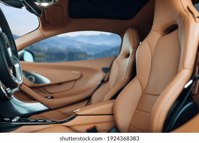 Modern Supercar Interior With Leather Panel, Sport Seats, Multimedia And Digital Dashboard