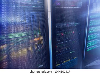 Modern supercomputers in computational data center. Server room. Web internet and network telecommunication technology, big data storage and cloud computing computer service business concept.