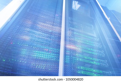 Modern supercomputers in computational data center. multiple exposure. Server room in data center full of telecommunication equipment. internet. big data storage. 