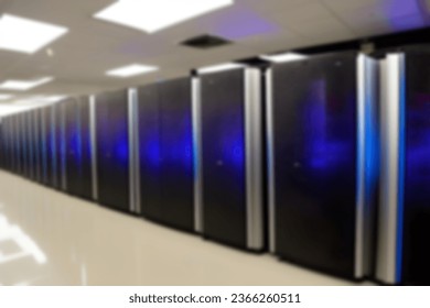 Modern supercomputers in computational data center. Server room. Web internet and network telecommunication technology, big data storage and cloud computing computer service business concept.