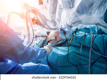 Modern surgical system. Medical robot. Minimally invasive robotic surgery. Medical background
