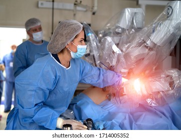 Modern Surgical System. Medical Robot. Minimally Invasive Robotic Surgery. Da Vinci Surgery.