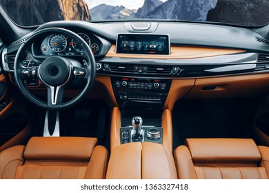 Modern Suv Car Interior With Leather Panel, Multimedia And Dashboard