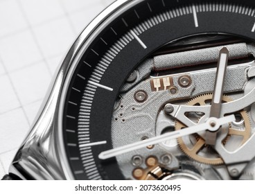 Modern Swiss Skeleton Wrist Watch With Quartz Movement. Close-up Photo. It Is A Watch Type In Which All Of The Moving Parts Are Visible