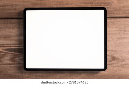Modern Tablet Device on Rustic Wooden Table Surface