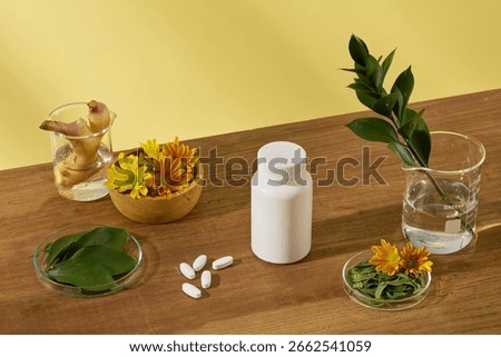Modern tabletop setup with a white supplement bottle, tablets, calendula, ginger slices, green leaves, and glass beakers. ack ground, clinical natural feel, skincare, herbal pharmaceutical .