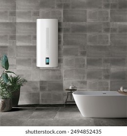 Modern tanked boiler in bathroom. Household smart water heater hanging on the wall in boiler room. Common electric storage tank water heater. Energy-efficient home heating system on gray tiles