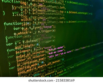 Modern tech. Developer working on program codes in office. Data encryption security code on a computer display, close up. Modern web development background