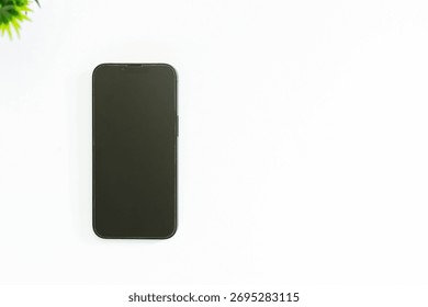 Modern Tech Flat Lay, top view Smartphone On White Desk, white background