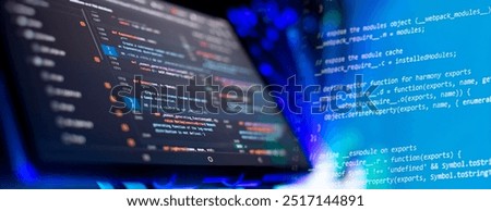 Modern tech. PHP syntax highlighted. Writing programming functions on laptop.