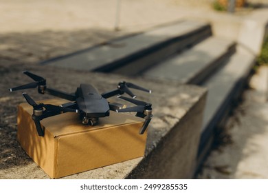 Modern technological delivery innovation - drone fast delivery concept, two multicopters and box. High quality photo - Powered by Shutterstock