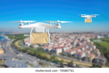 Modern Technological Delivery Innovation - Drone Fast Delivery Concept, Two Multicopters Flying With Cardboard Box Above City 