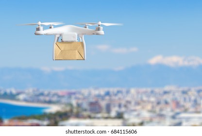 Modern technological shipment innovation - drone fast delivery concept, multicopter flying with cardboard box above city 