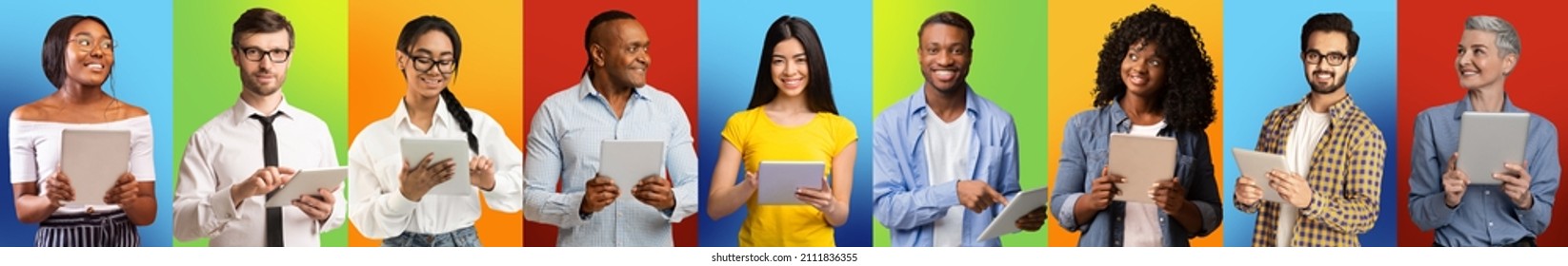 Modern Technologies Concept. Set Of Diverse Multiethnic People With Digital Tablets Posing Over Colorful Studio Backgrounds, Group Of Multicultural Men And Women Using Tab Computers, Collage