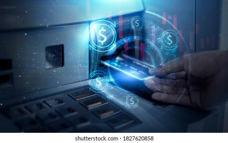Moderne Technologie Banking Geld Finanzmanagement sparende Fonds Einlegen Kreditkarte in Geldautomaten, Bargeld, Bankkonto-Transfer-Informationen, futuristische Grafiken und Symbol