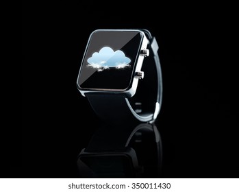 modern technology, computing, object and media concept - close up of black smart watch with cloud icon on screen over black background