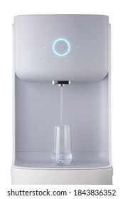 Modern technology concept. New water cooler format. A glass of pouring water. Touch panel with glowing indicator. Technological design. Close-up. - Shutterstock ID 1843836352