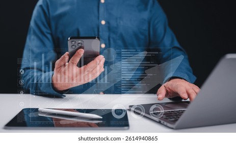 Modern Technology Data Visualization Men App Interface On Laptop Smartphone For Financial Analysis, Innovation, Research, Boosting Performance With Advanced Technology